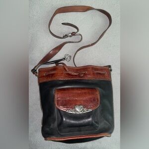 Brighton Shoulder Purse Cinch Drawstring Bag Tote Medium Leather Black